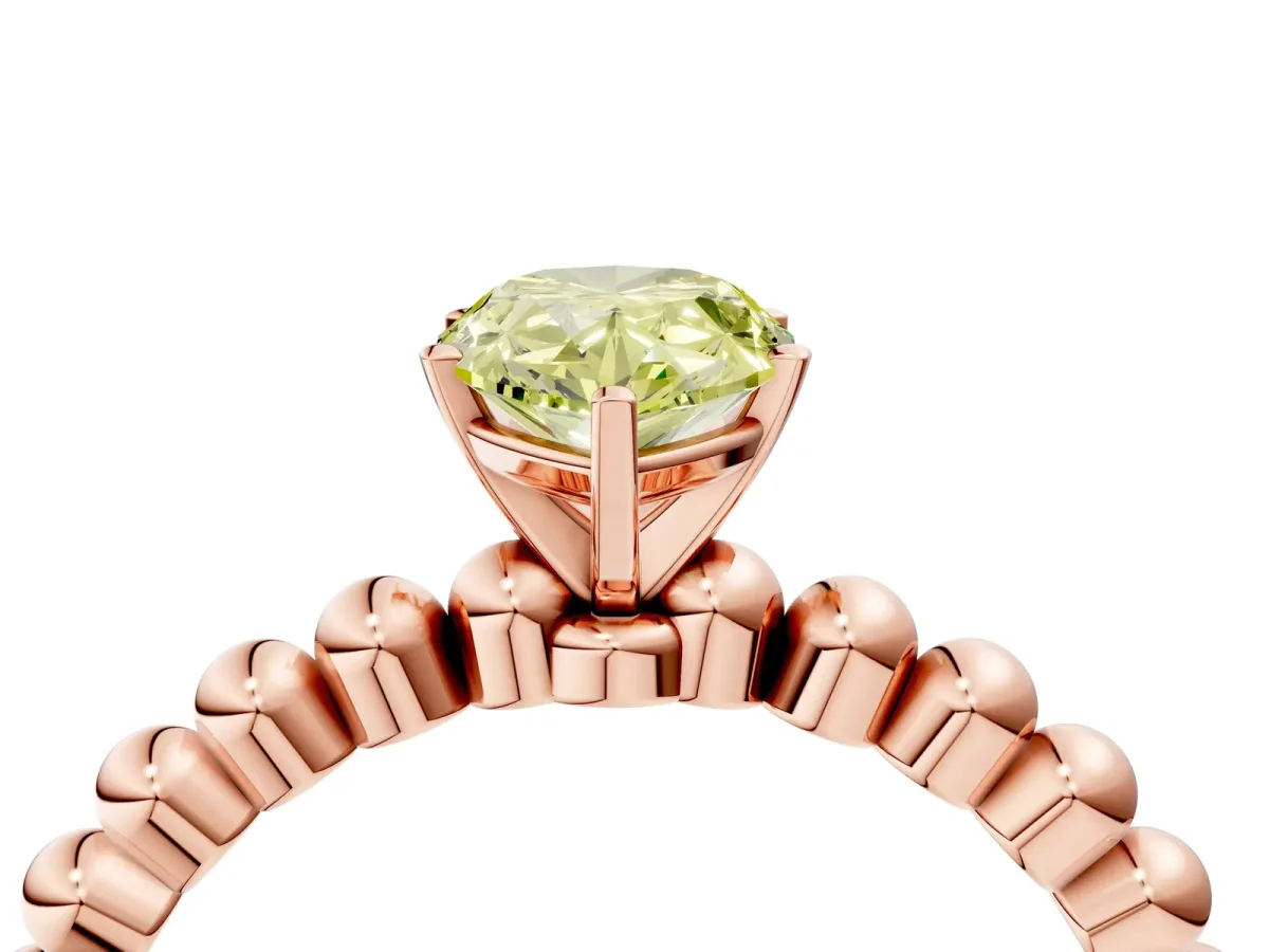 Fancy Yellow Pear Cut Diamond Solitaire Ring with Beaded Band and Prong Setting Rose gold