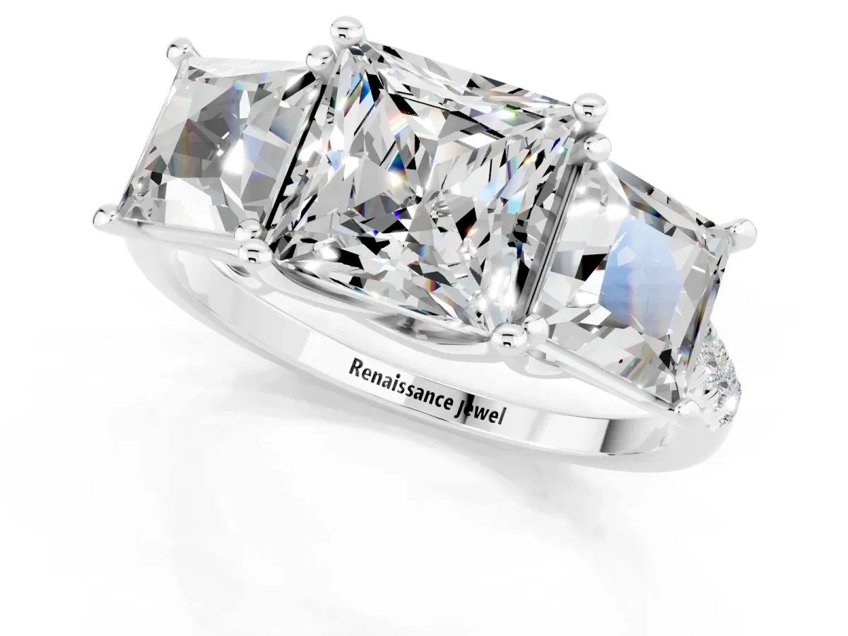 Three-Stone Princess Cut Moissanite Ring with Round Pavé Band and Prong Setting Silver