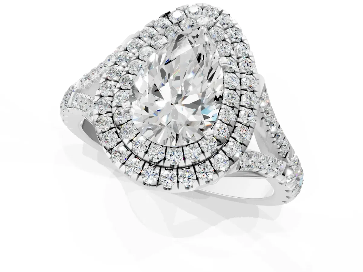 Double Halo Pear Cut Diamond Split Shank Engagement Ring with Four-Prong Setting White gold