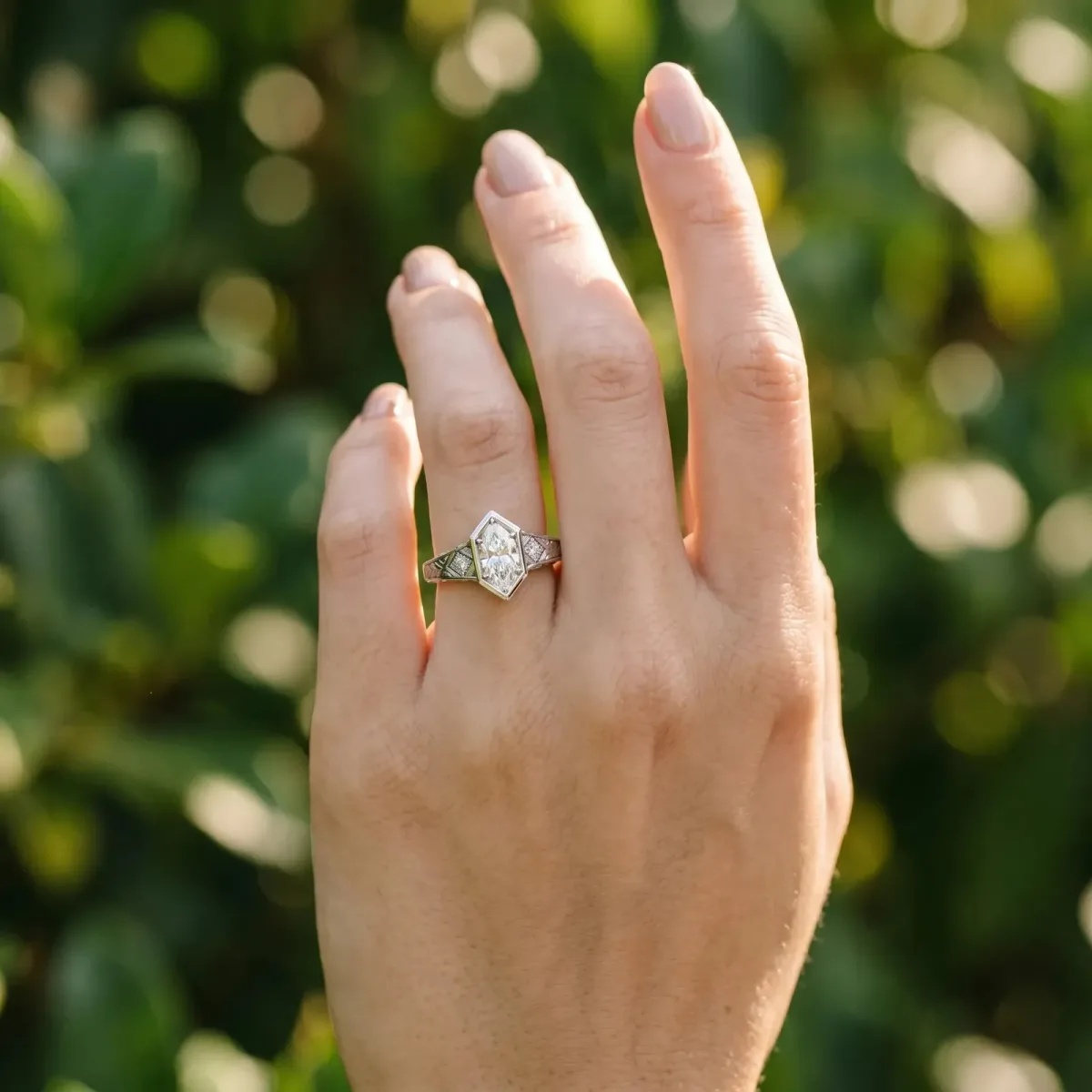Hexagonal Bezel Marquise Cut Diamond Engraved Band Prong Ring Platinum