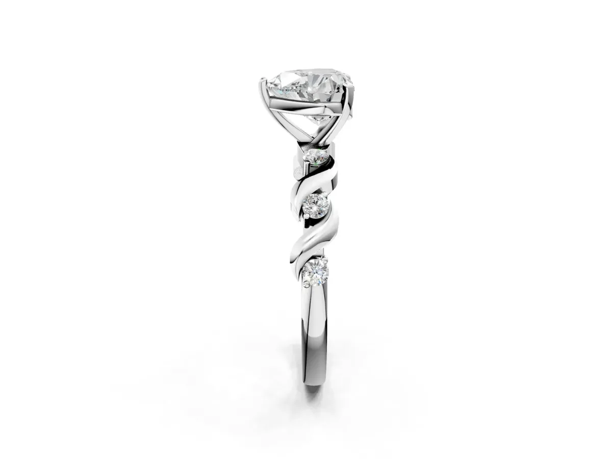 Heart Cut Diamond Solitaire Twisted Band with Round Accents and Prong Setting Silver