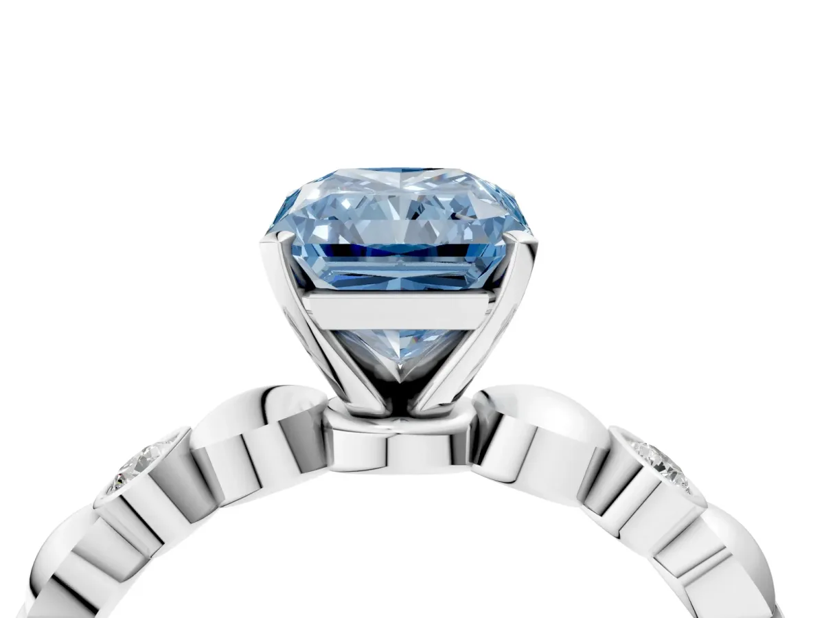 Fancy Blue Radiant Cut Solitaire Bezel-Set Diamond Ring with Beaded Band and Four-Prong Setting Platinum