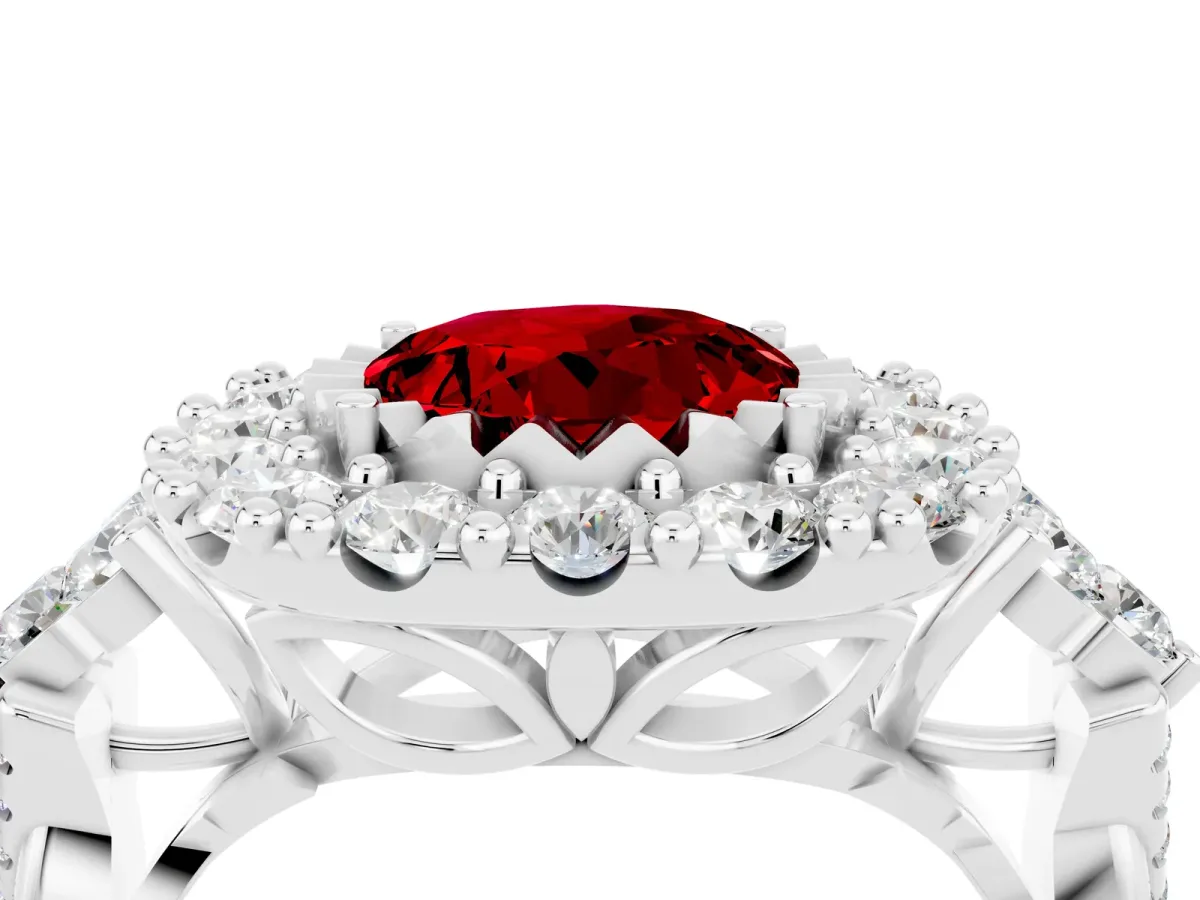 Round Cut Ruby Halo Ring with Pavé Band and Four-Prong Setting Silver