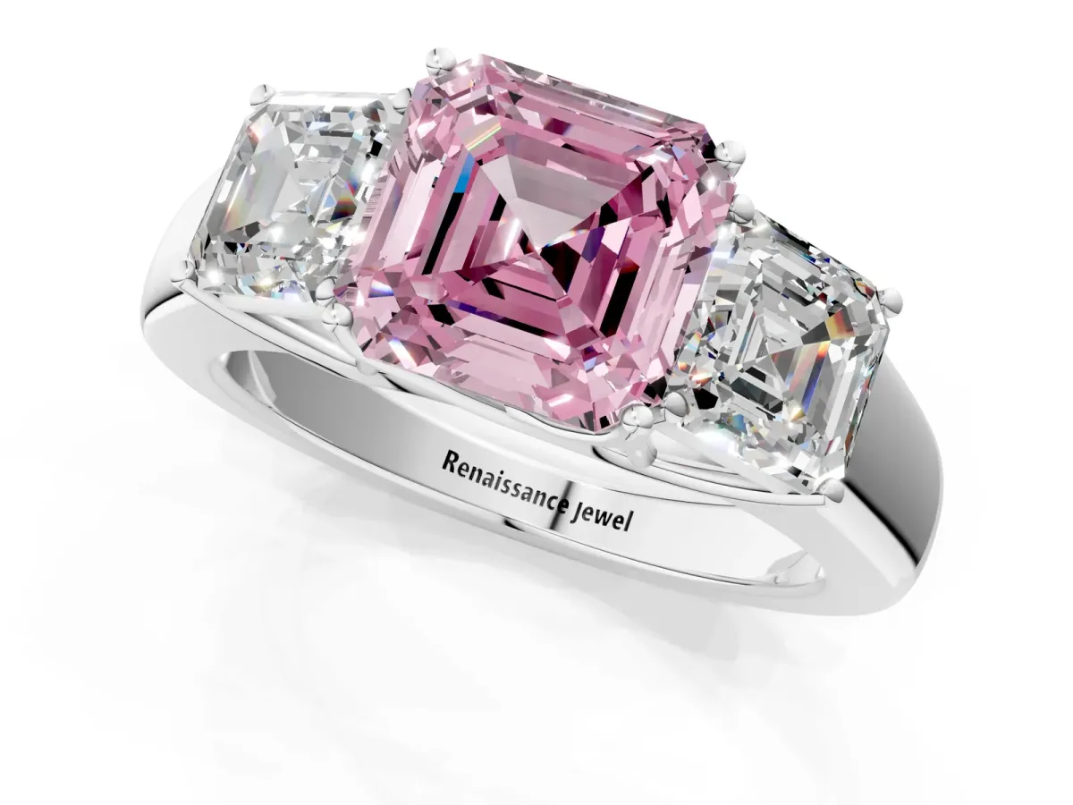 Fancy Pink Three-Stone Asscher Cut Cut Diamond Ring with Prong Setting and Classic Band Platinum
