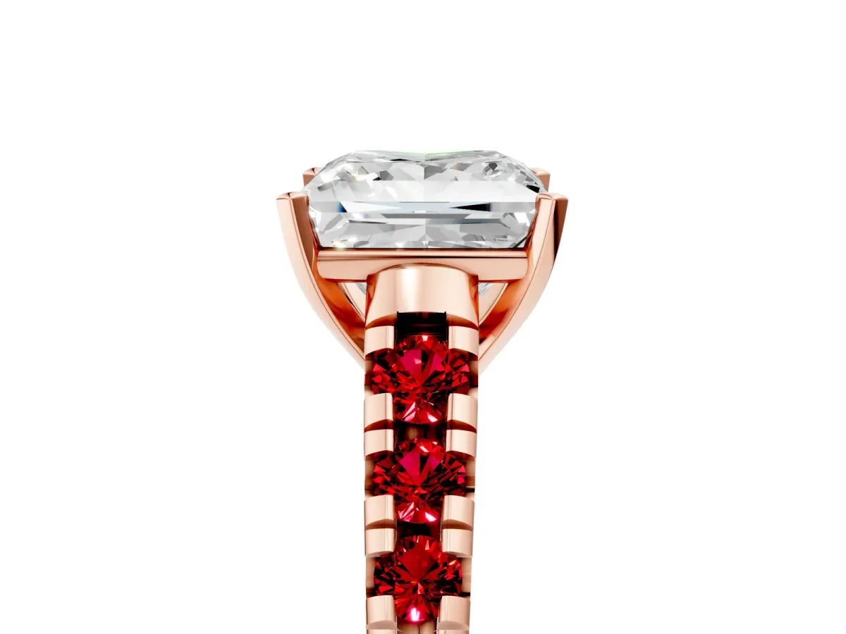 Princess Cut Diamond Cathedral Solitaire Ring with Round Ruby Pavé Band Rose gold