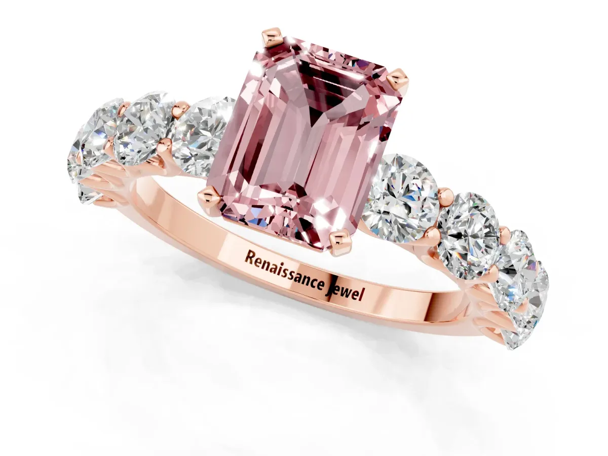 Emerald Cut Morganite Prong Setting with Side Stones on a Pave Band Rose gold