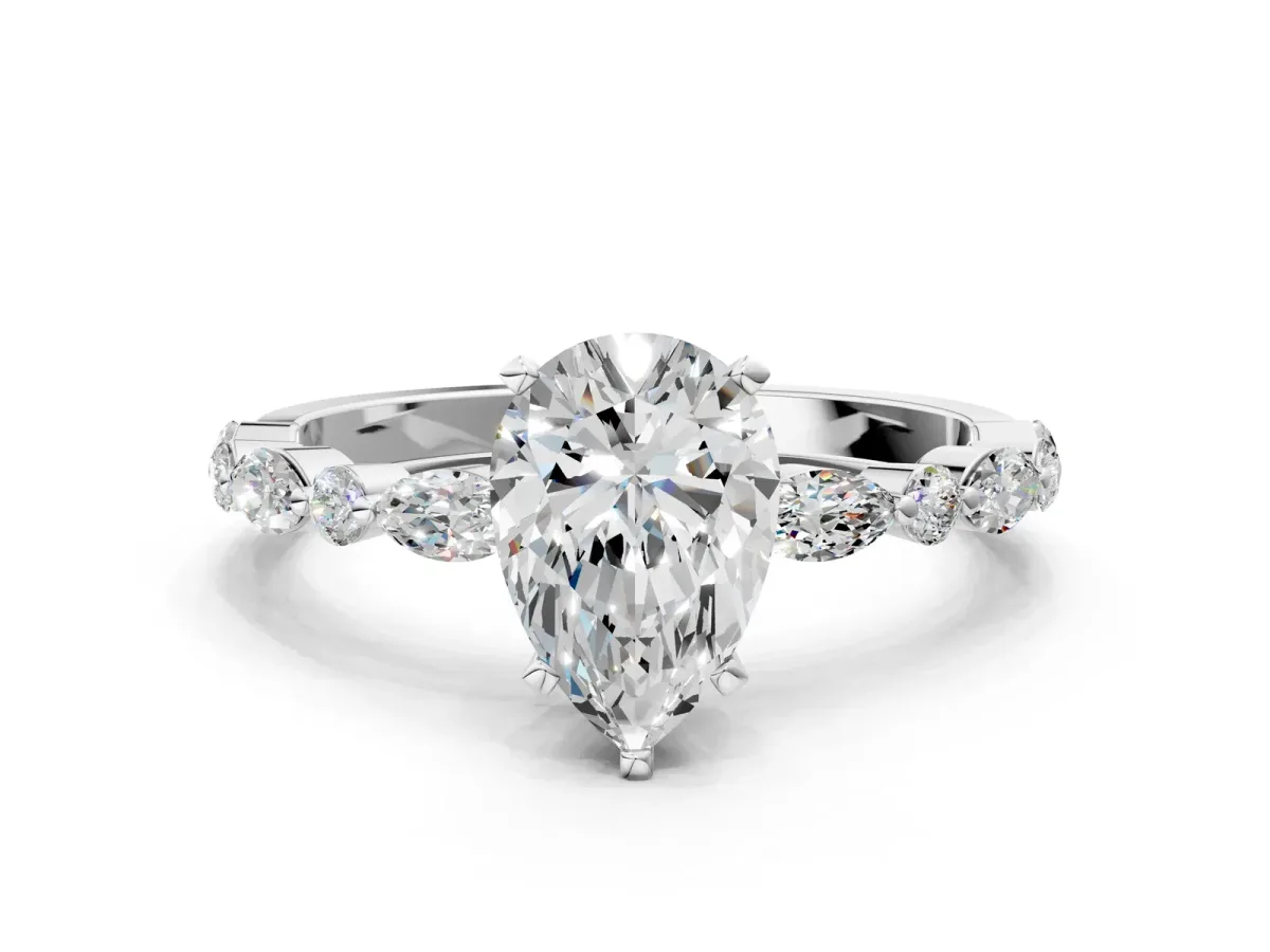 Pear Cut Diamond Ring with Marquise and Round Side Stones and Four-Prong Setting Silver