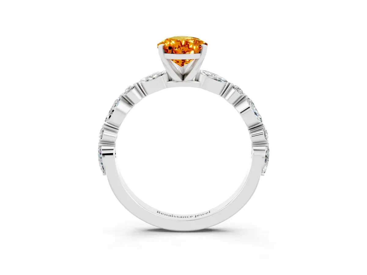 Pear Cut Citrine Ring with Marquise and Round Side Stones and Four-Prong Setting Silver