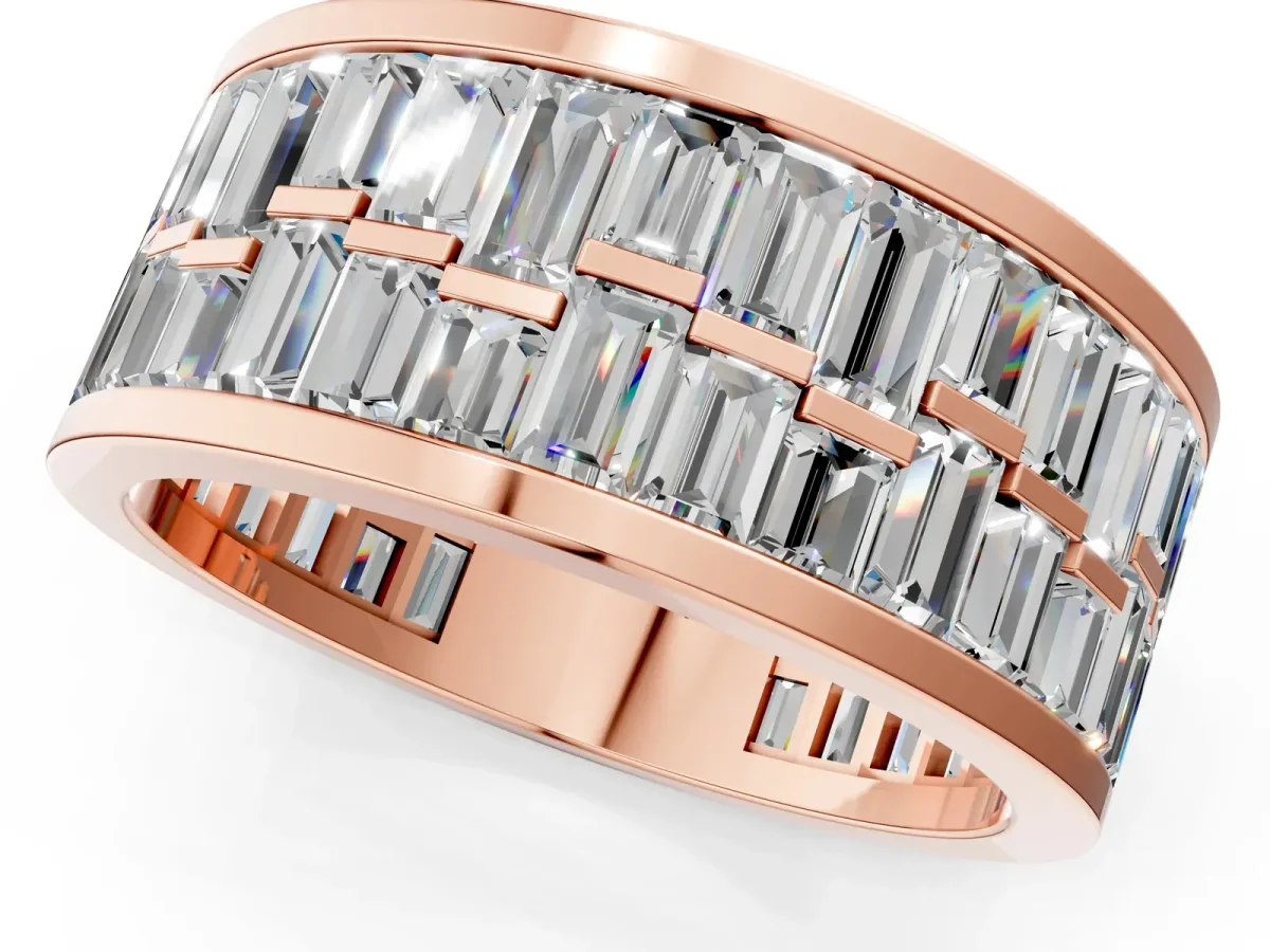 Baguette Diamond Staggered Two-Row Mens Band Rose gold