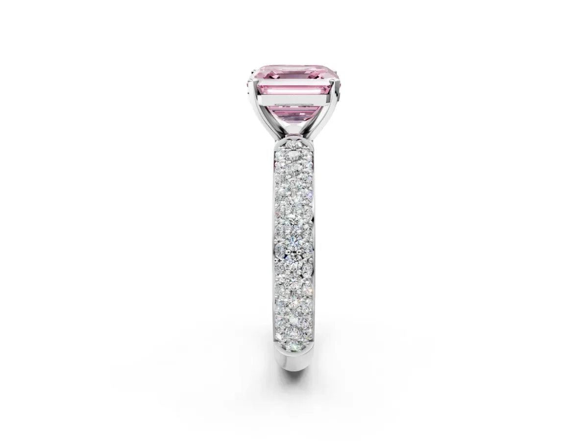 Fancy Pink Asscher Cut Diamond Solitaire Ring with Prong Setting and Pavé Band Platinum