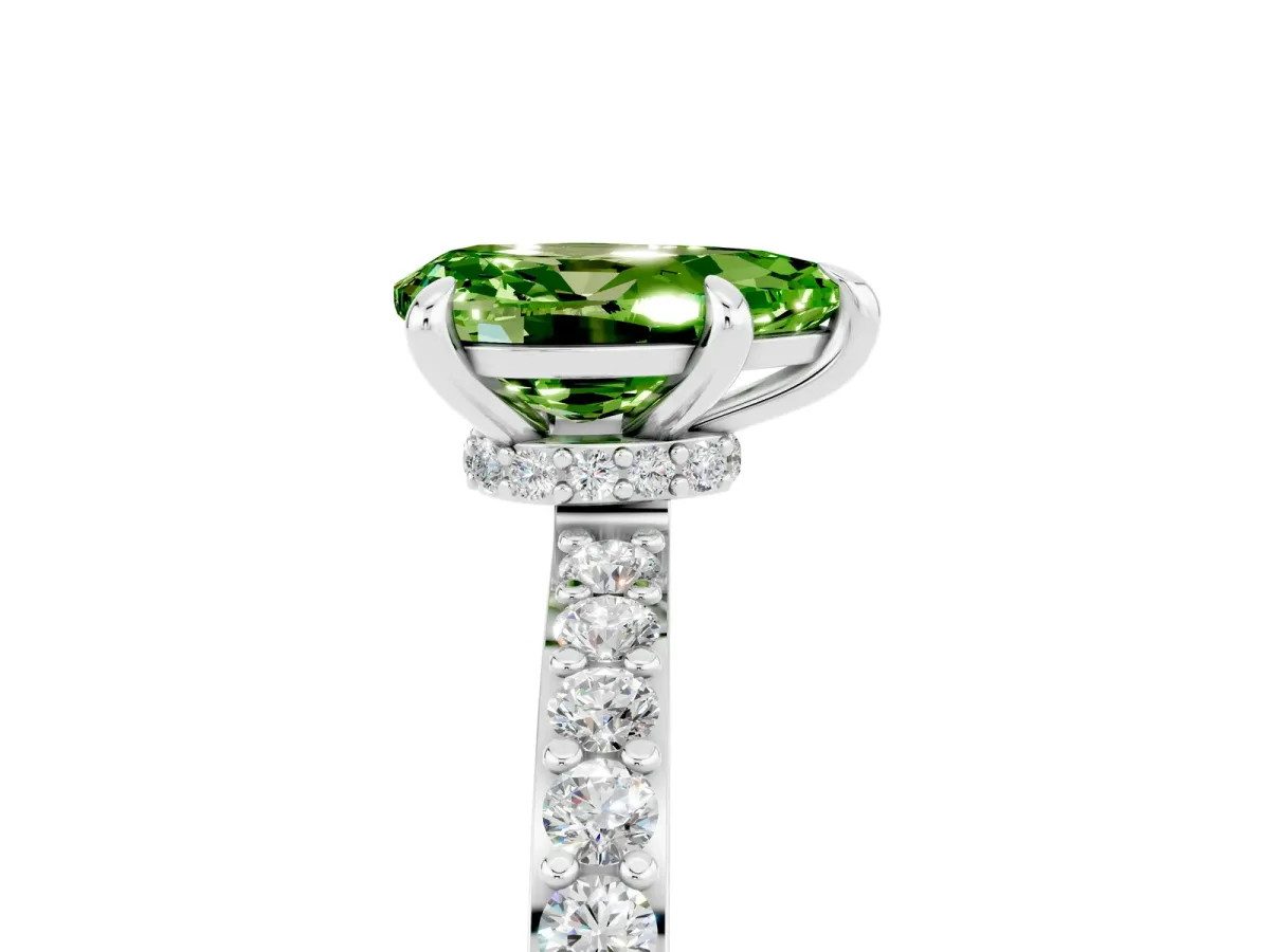 Pear Cut Peridot Solitaire Engagement Ring with Pavé Band and Four-Prong Setting Silver