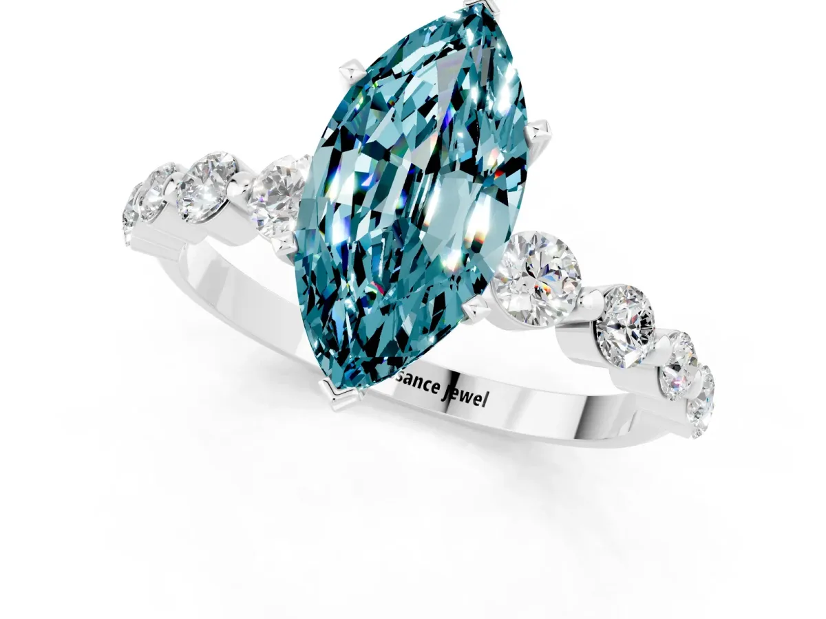 Marquise Cut Solitaire Blue Topaz Ring with Pave Band and Four-Prong Setting Silver