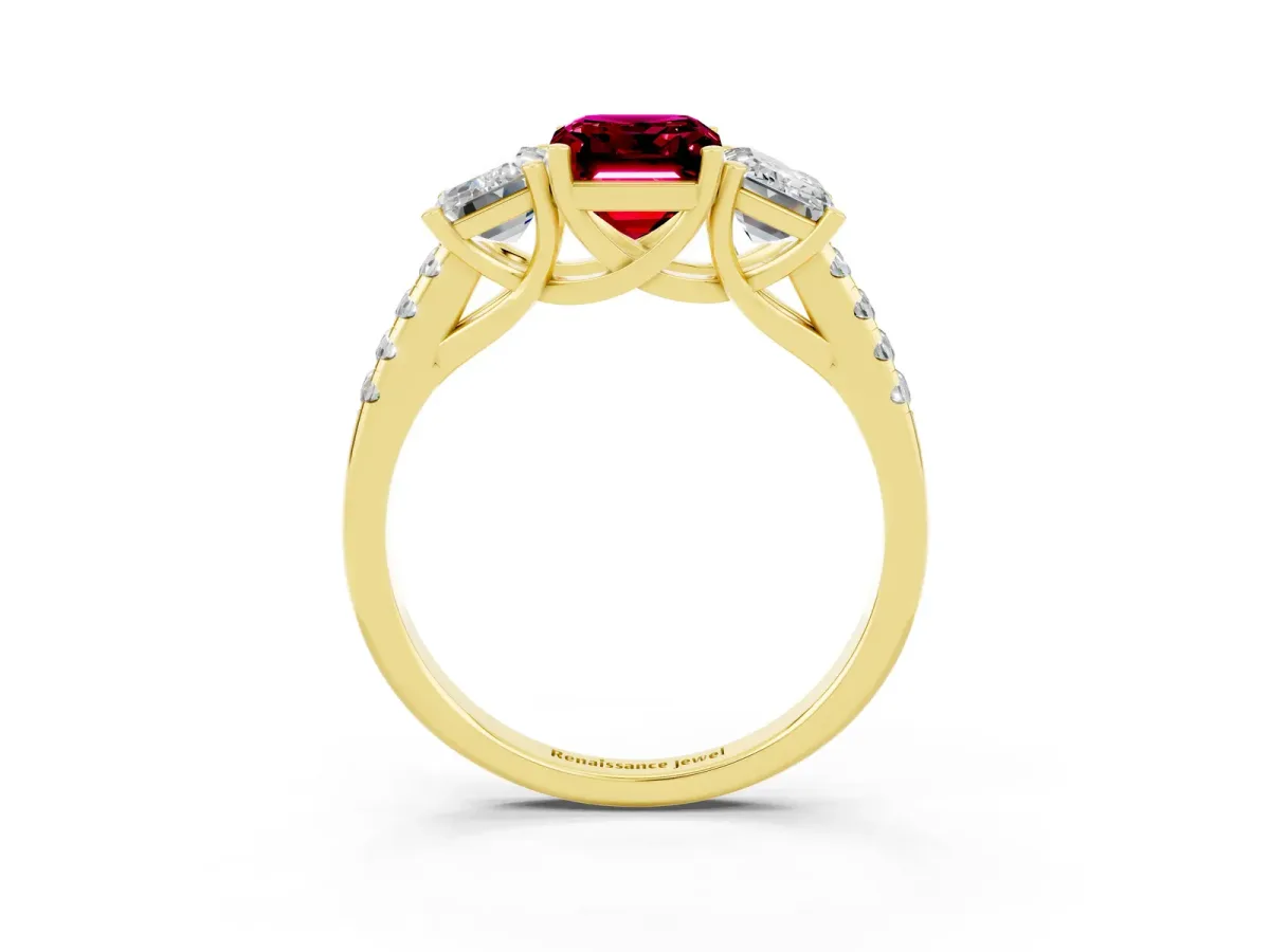 Three-Stone Emerald Cut Garnet Ring with Round Pavé Band and Prong Setting Yellow gold