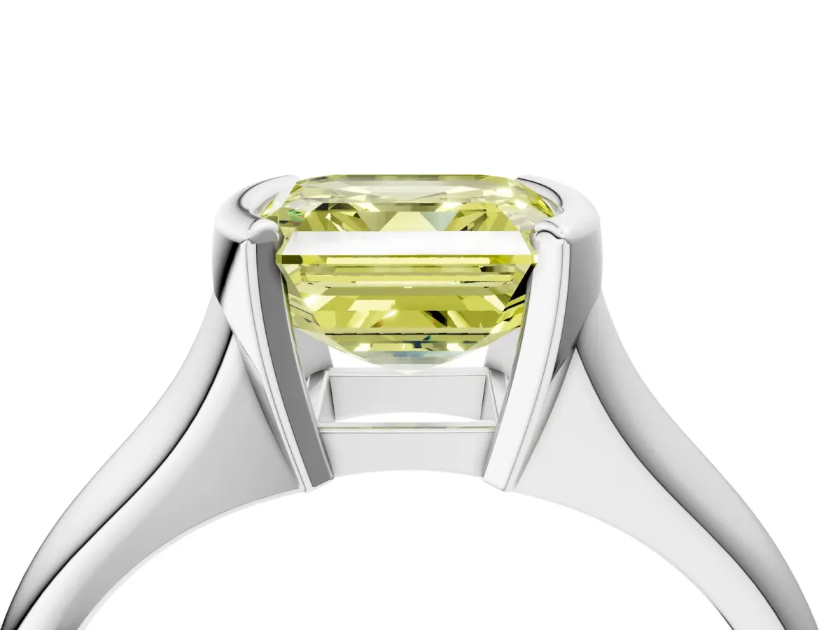Fancy Yellow Asscher Cut Solitaire Tension Set Diamond Ring with Split Shank Band Platinum