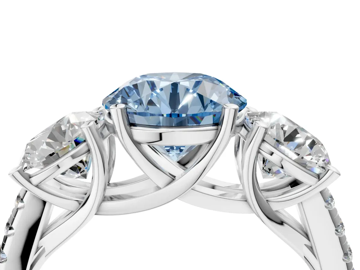 Fancy Blue Three-Stone Round Cut Diamond Ring with Round Pavé Band and Prong Setting Platinum