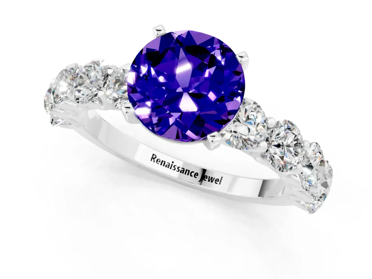 Round Cut Tanzanite Prong Setting with Side Stones on a Pave Band Platinum