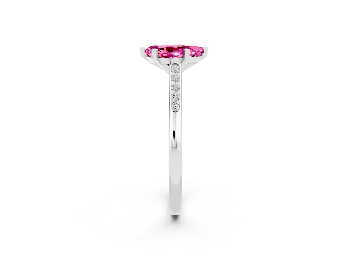 Pear Cut Pink Sapphire Solitaire Ring with Channel Set Round Band and Prong Setting Silver
