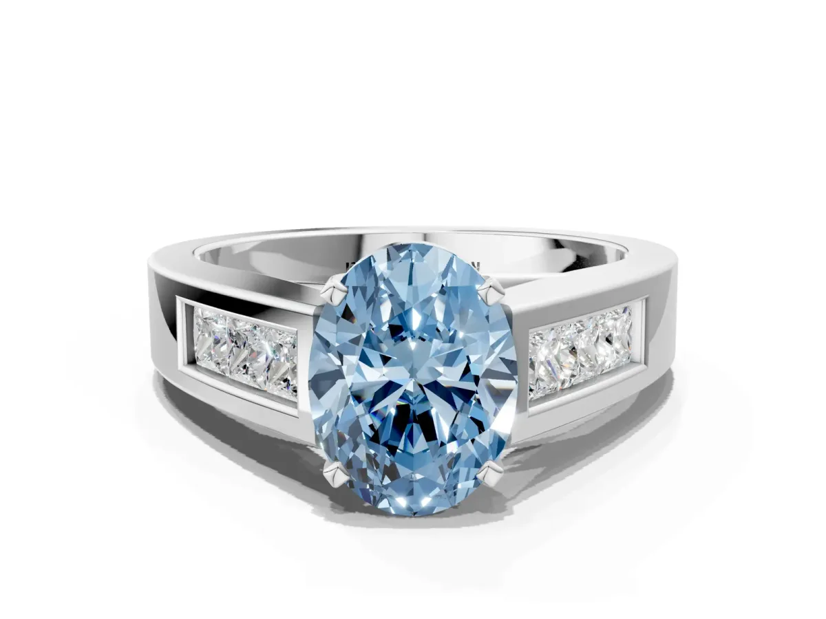 Fancy Blue Oval Cut Cut Channel Set Solitaire Ring with Four-Prong Setting White gold