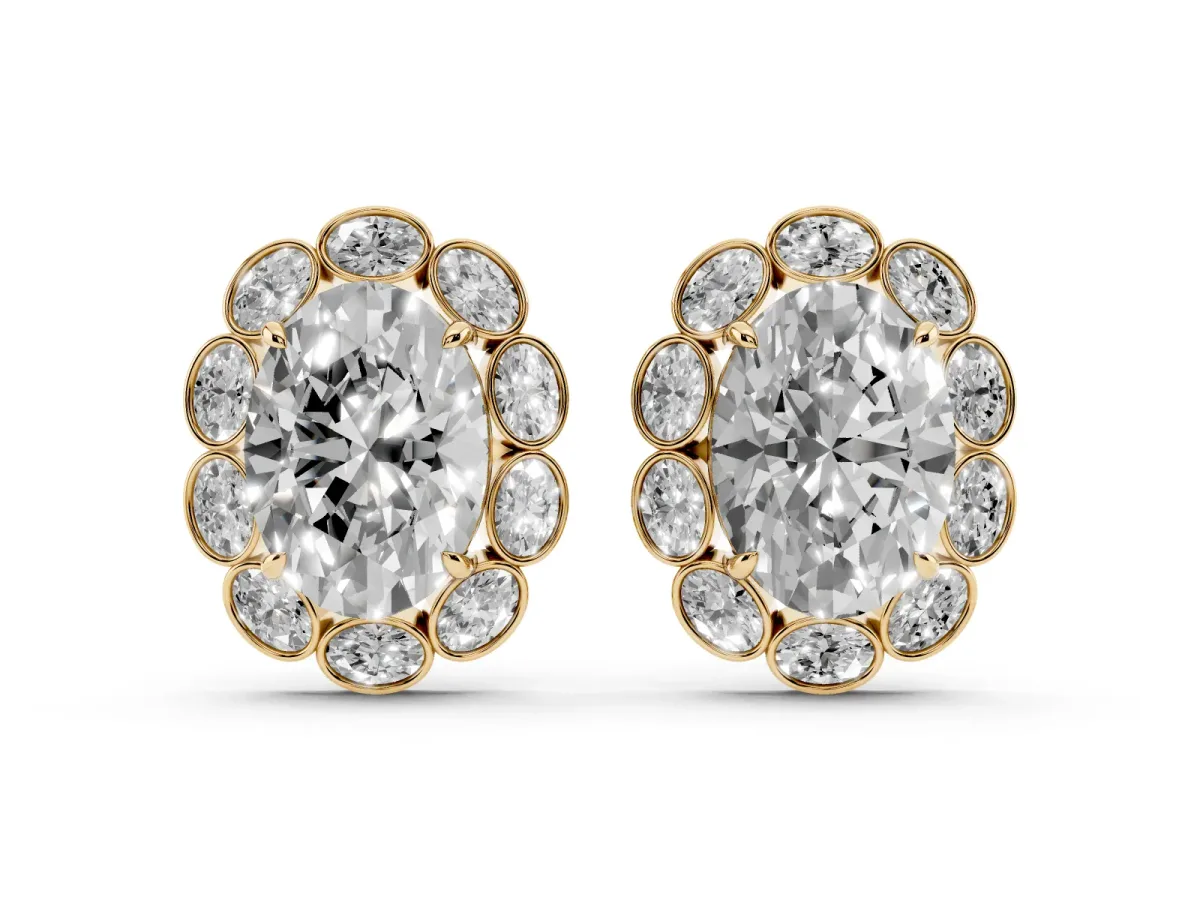 Oval Diamond Halo Stud Earrings with Oval Diamond Accents Yellow gold