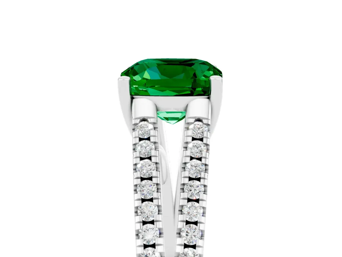 Cushion Cut Emerald Solitaire Engagement Ring with Split Shank Pavé Band Silver