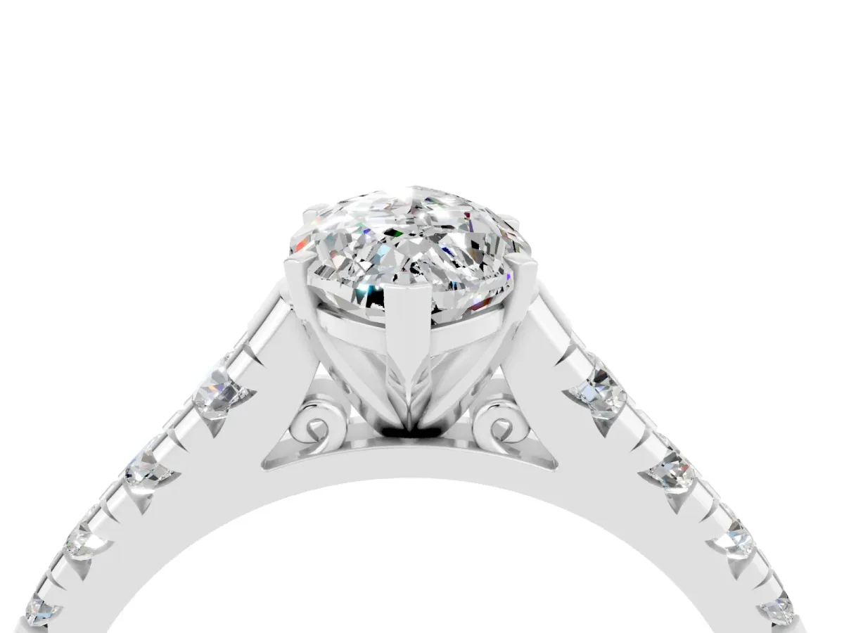 Marquise Cut Moissanite Cathedral Solitaire Ring with Round Pavé Band Silver