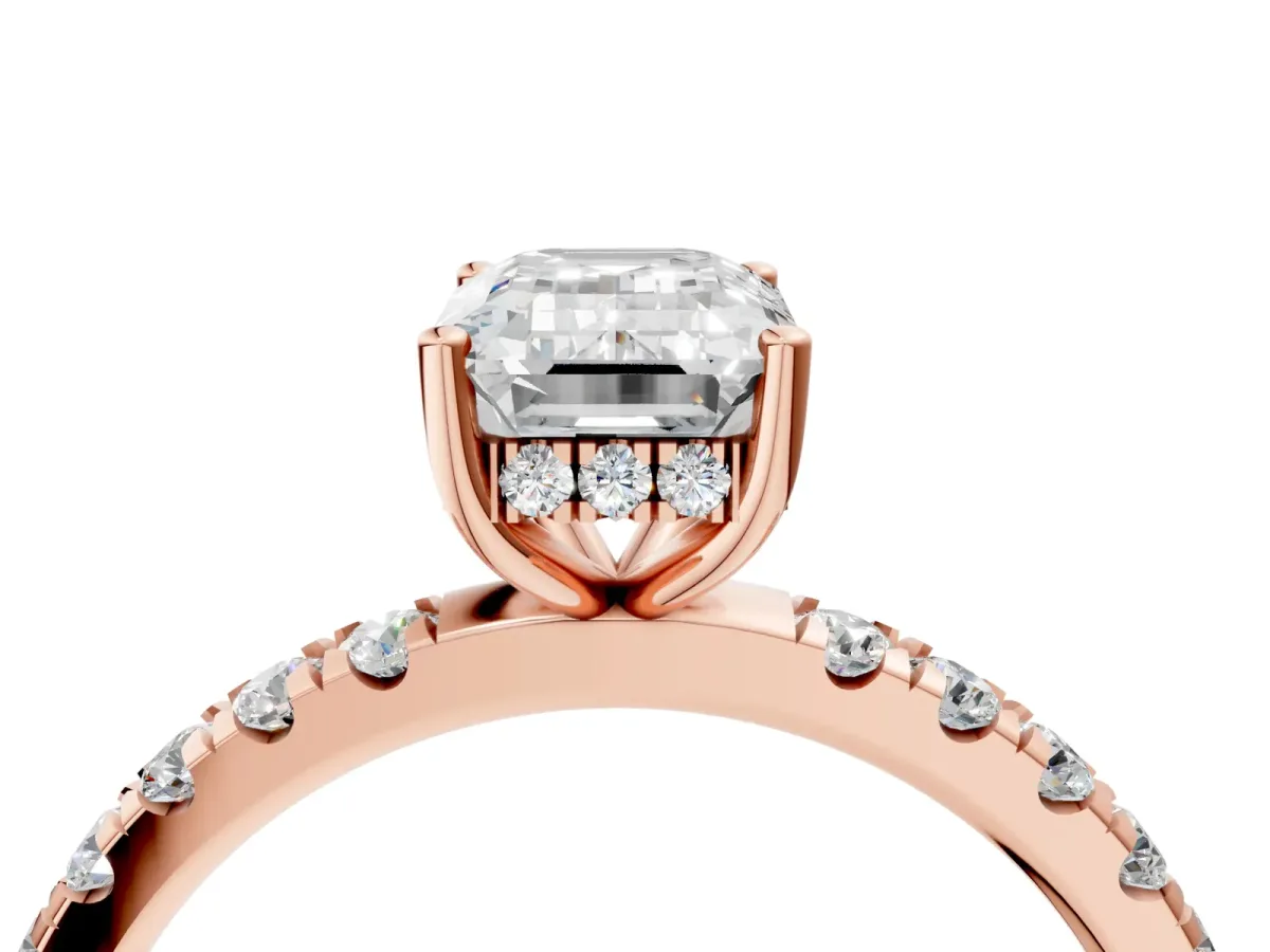 Emerald Cut Diamond Pave Band Solitaire Ring with Round and Prong Setting Rose gold