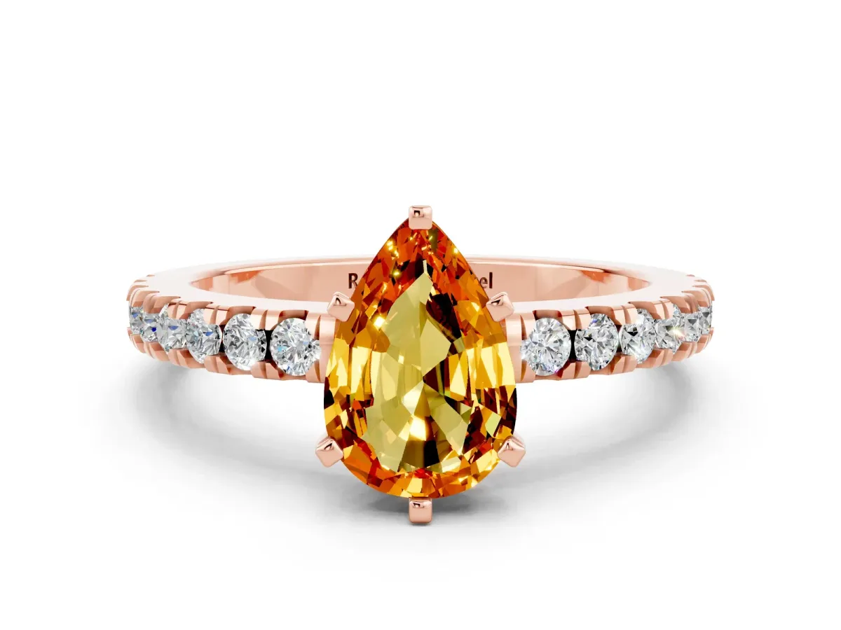Pear Cut Solitaire Citrine with Pavé Band and Four-Prong Setting Rose gold
