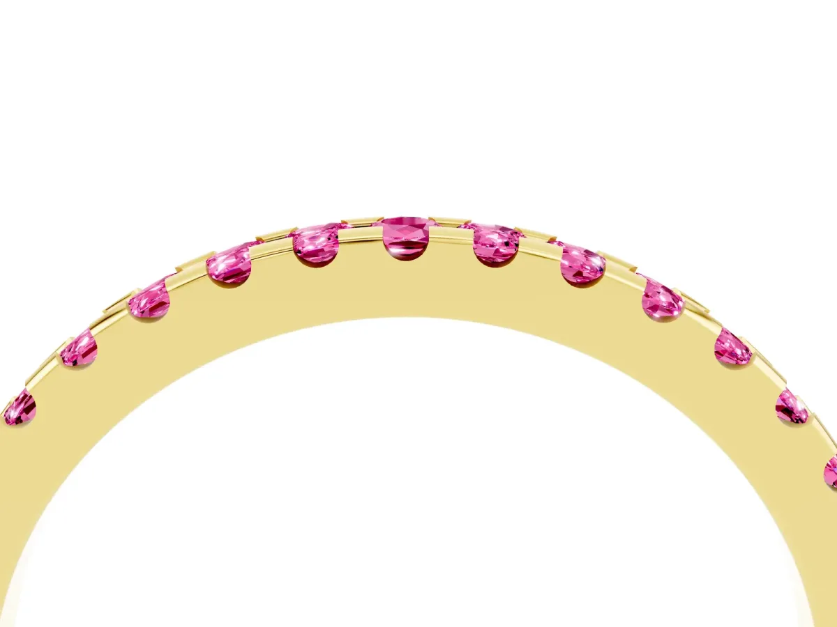 Round Pink Sapphire Pavé Set Eternity Band with Micro Prong Setting Yellow gold