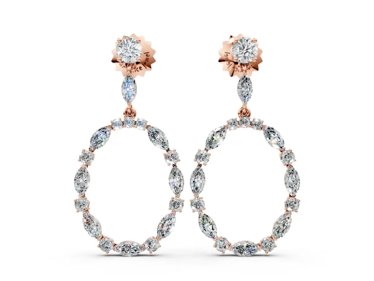 Round and Marquise Diamond Open Oval Drop Earrings Rose gold