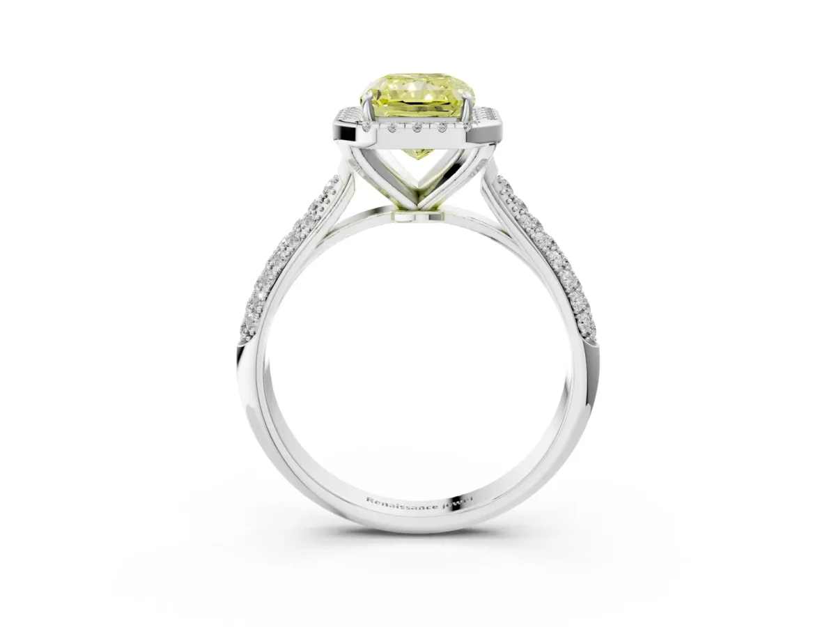 Fancy Yellow Radiant Cut Cut Halo Pave Band Four-Prong Setting Ring Platinum