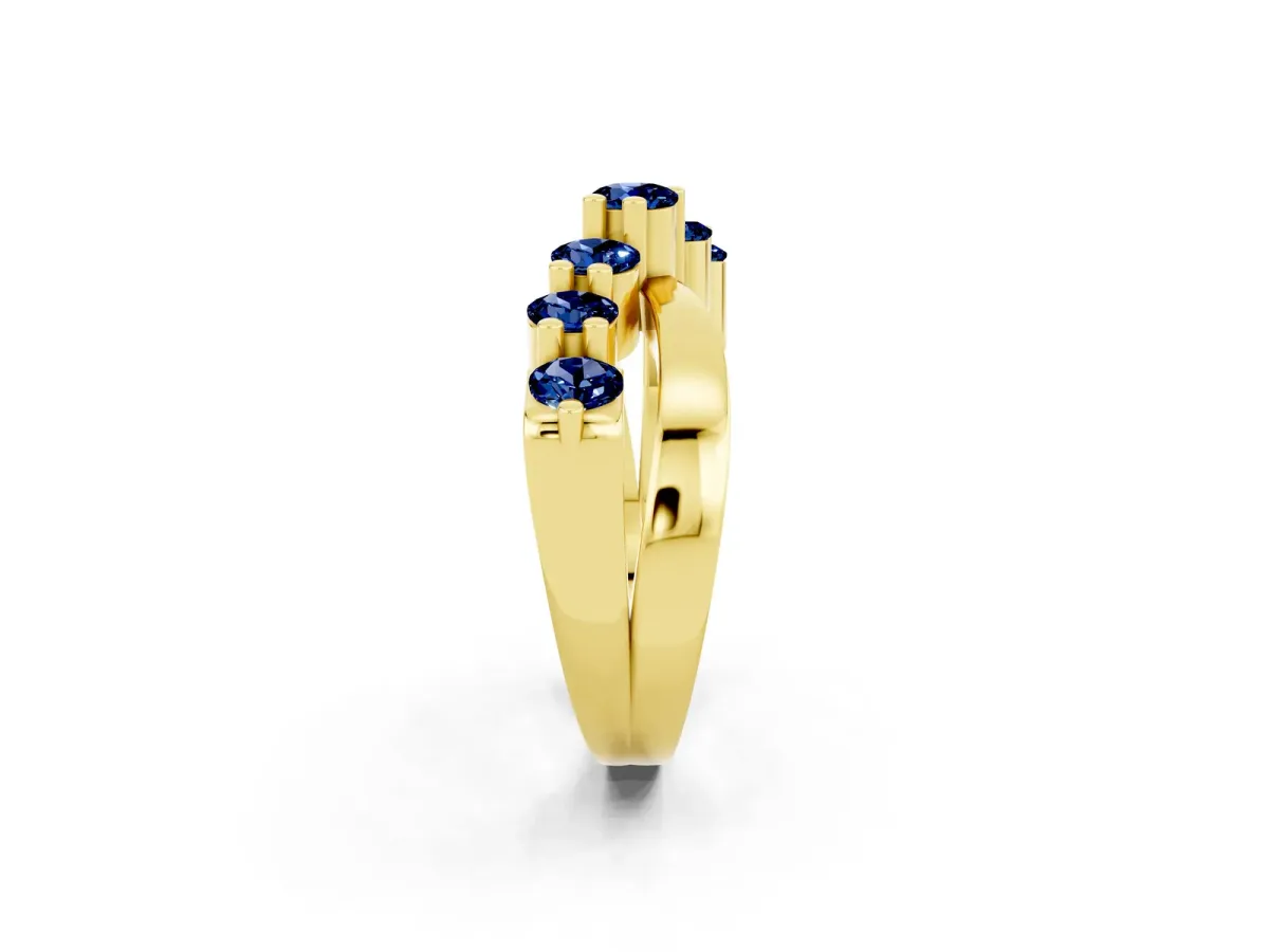 Round Blue Sapphire Prong-Set Crossover Band Yellow gold