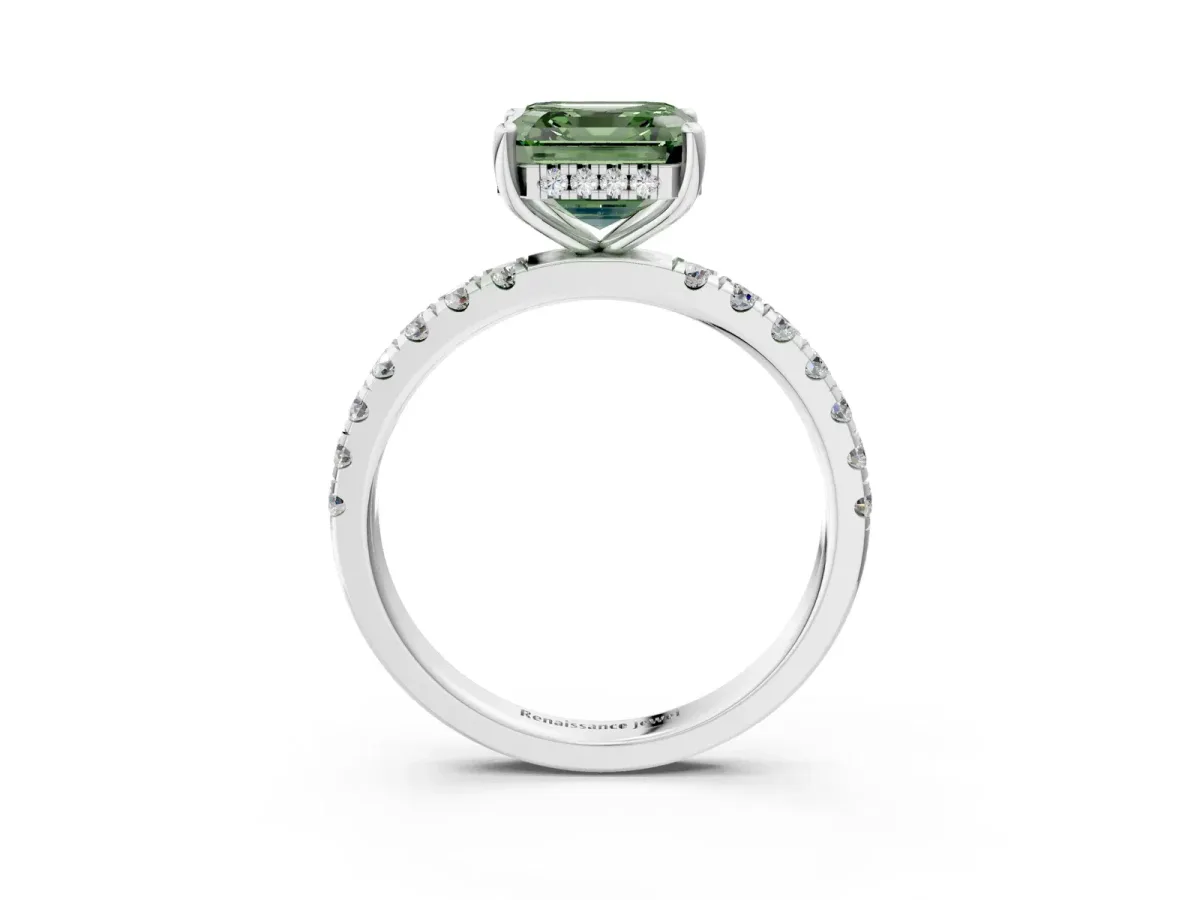 Fancy Green Asscher Cut Diamond Pave Band Solitaire Ring with Round and Prong Setting Platinum