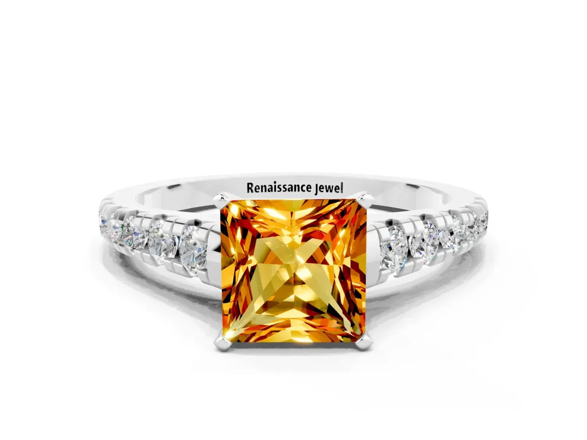 Princess Cut Citrine Cathedral Solitaire Ring with Round Pavé Band Silver