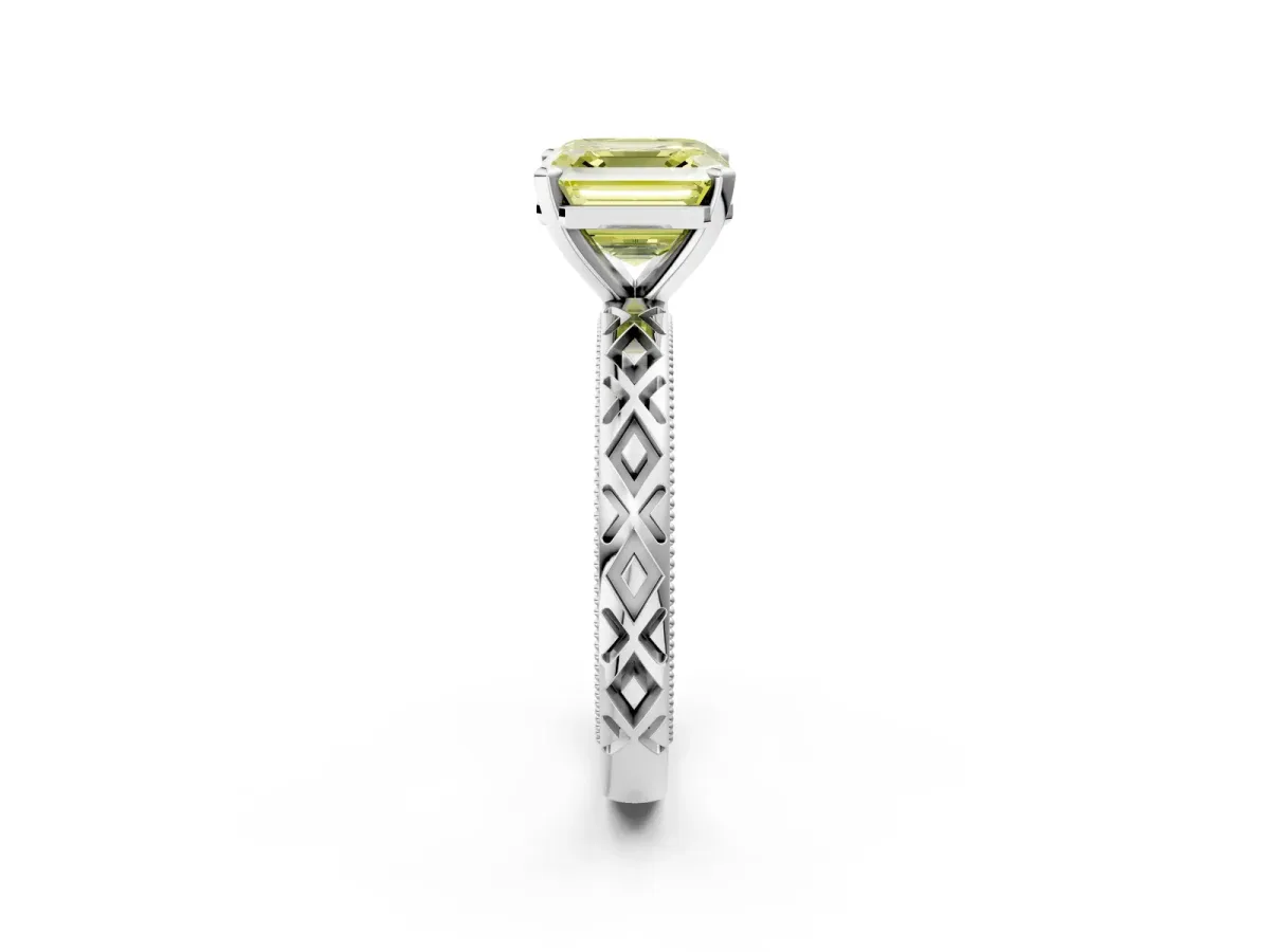 Fancy Yellow Asscher Cut Solitaire Diamond Ring with Milgrain and Black Enamel X Pattern Band Platinum