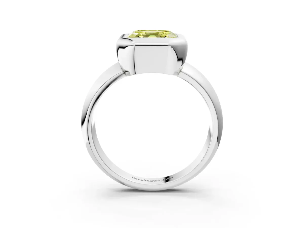 Fancy Yellow Bezel Set Asscher Cut Solitaire Ring with Wide Band Platinum