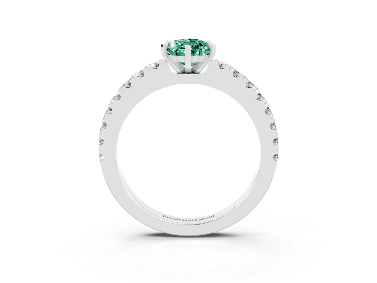 Pear Cut Solitaire Green Sapphire with Pavé Band and Four-Prong Setting Silver