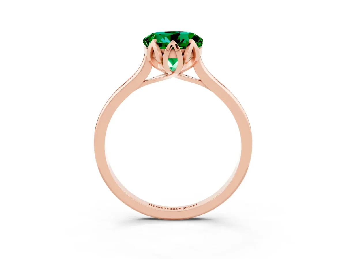 Round Cut Emerald Solitaire Ring with Flower Prong Setting and Classic Band Rose gold
