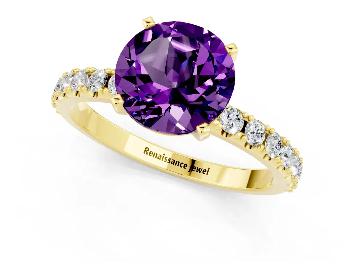 Round Cut Amethyst Solitaire Pavé Band with Four-Prong Setting Yellow gold