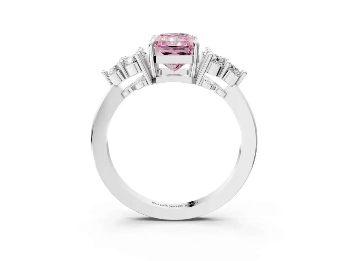 Fancy Pink Radiant Cut Brilliant Diamond Cluster Accent Solitaire Ring with Prong Setting Platinum