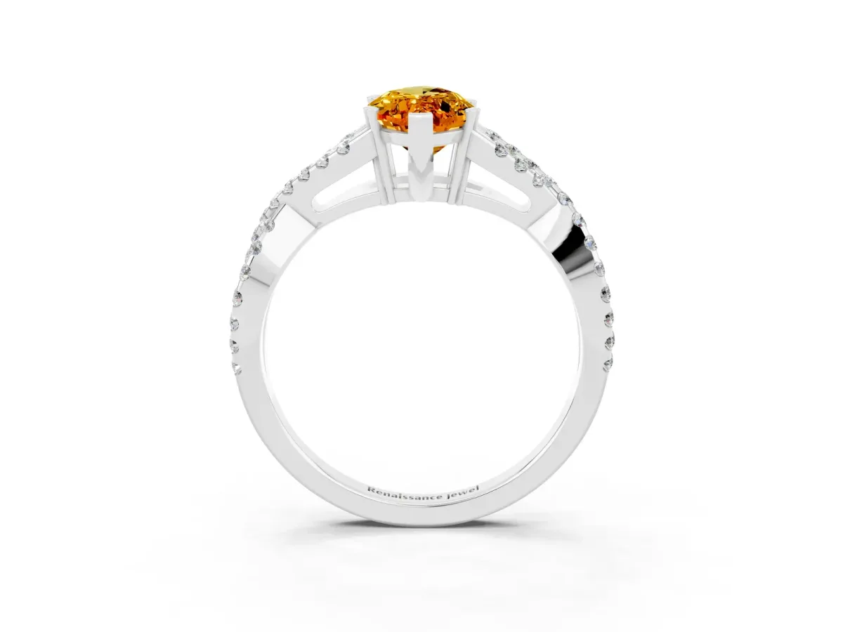 Marquise Cut Citrine Solitaire Ring with Four-Prong Setting and Twisted Pavé Band Silver