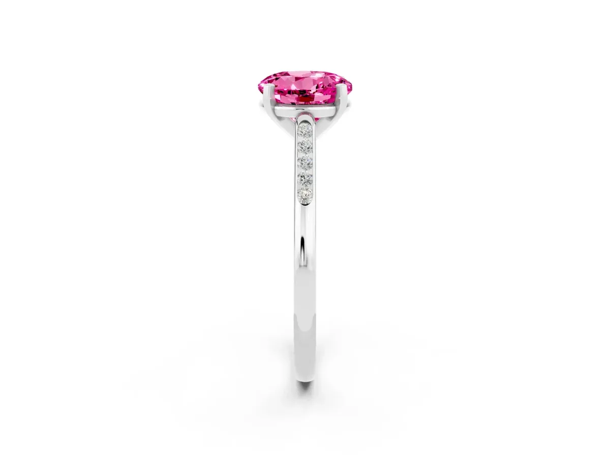 Round Cut Pink Sapphire Solitaire Ring with Channel Set Round Band and Prong Setting Silver