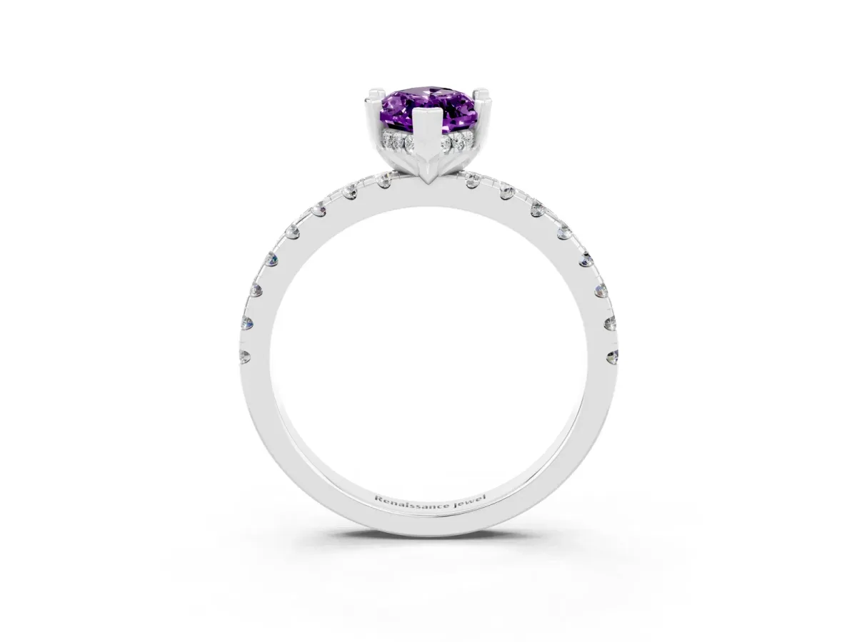 Marquise Cut Amethyst Solitaire Ring with Round Pavé Band and Four-Prong Setting Silver