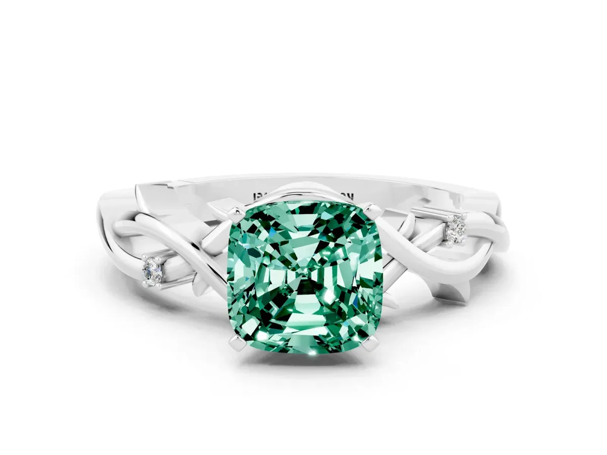 Cushion Cut Green Sapphire Solitaire Ring with Twisted Band and Prong Setting Silver