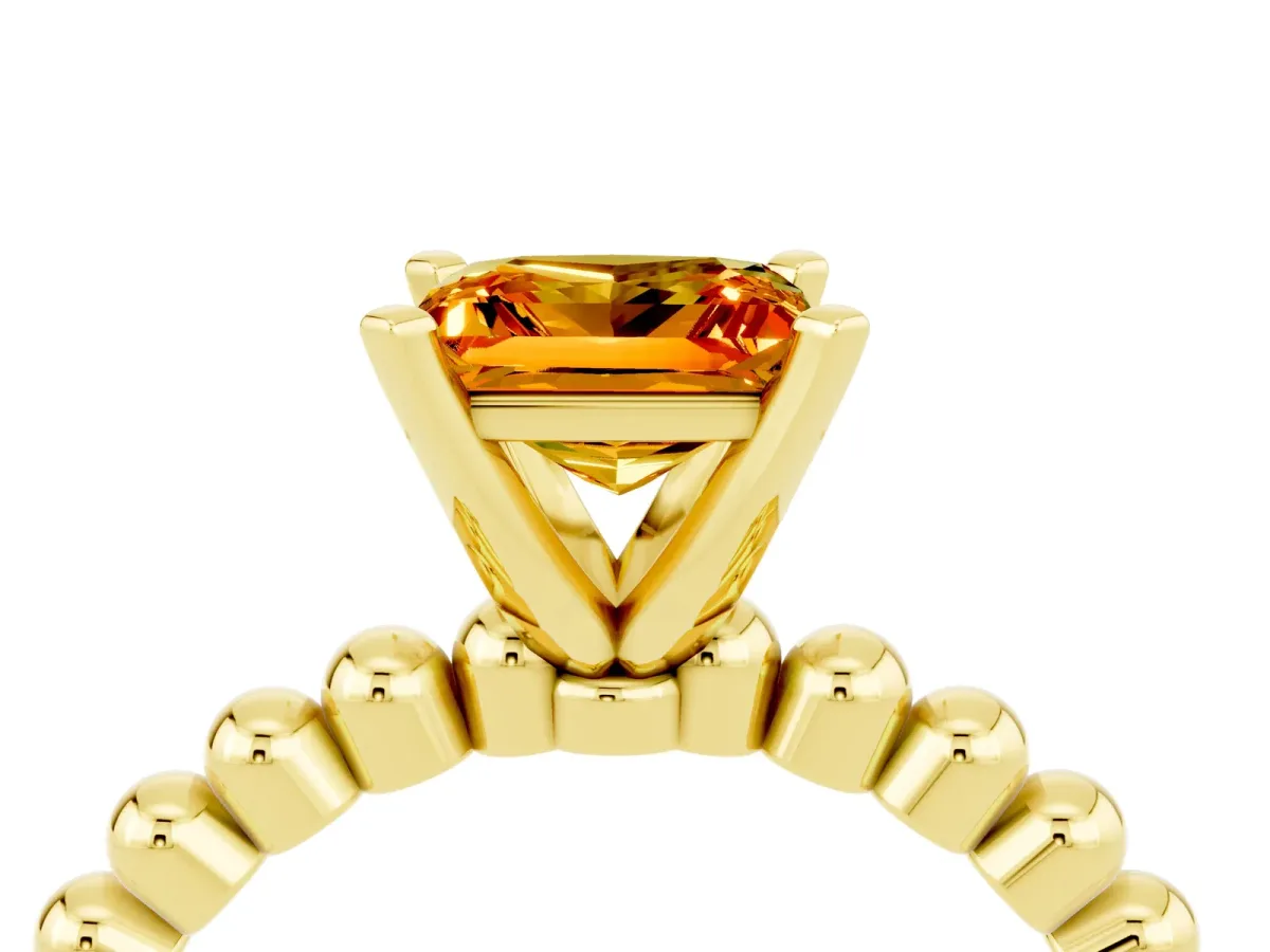 Princess Cut Citrine Solitaire Ring with Beaded Band and Prong Setting Yellow gold