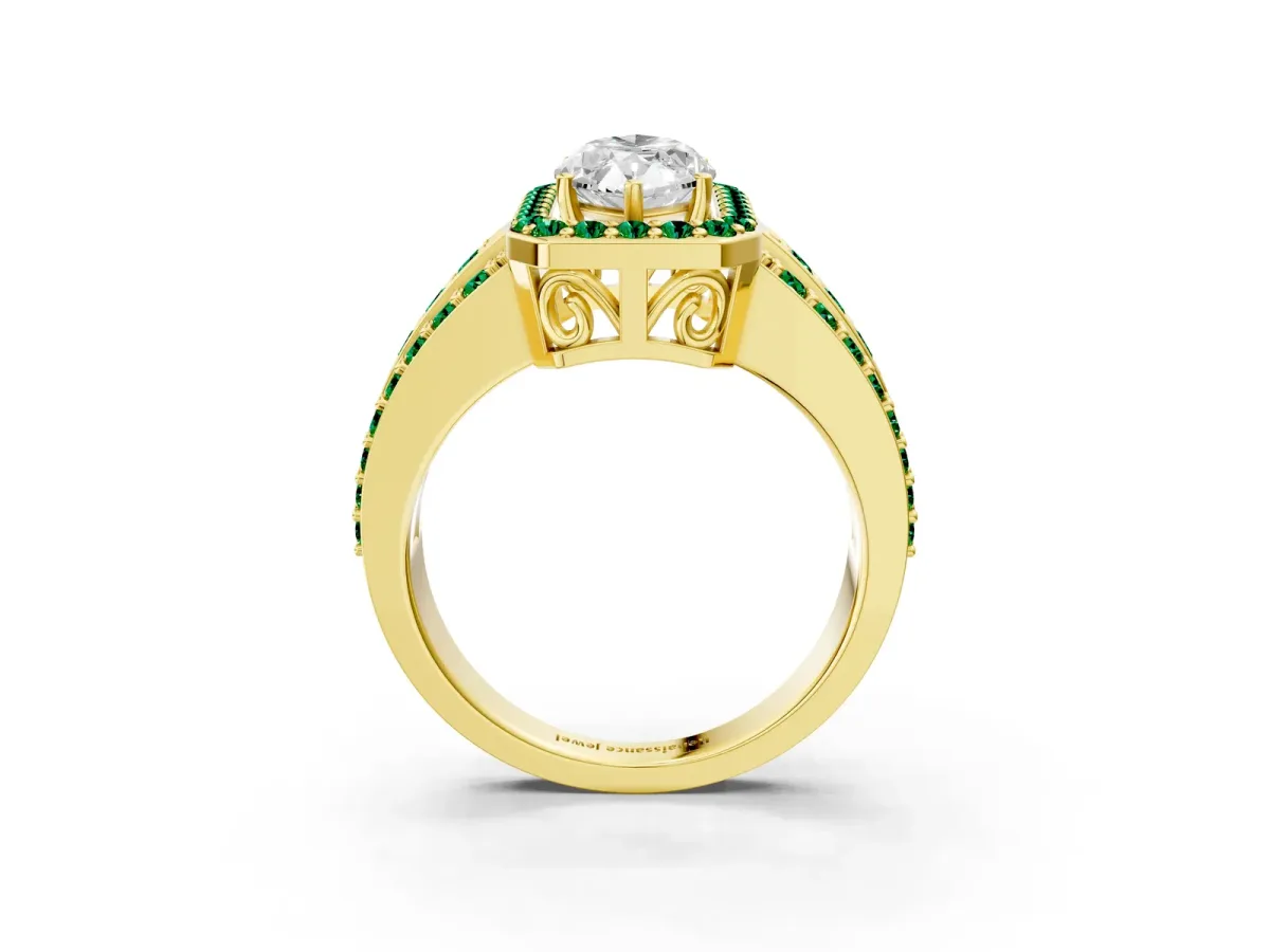 Marquise Cut Halo Diamond Ring with Round Emerald Split Shank and Prong Setting Yellow gold