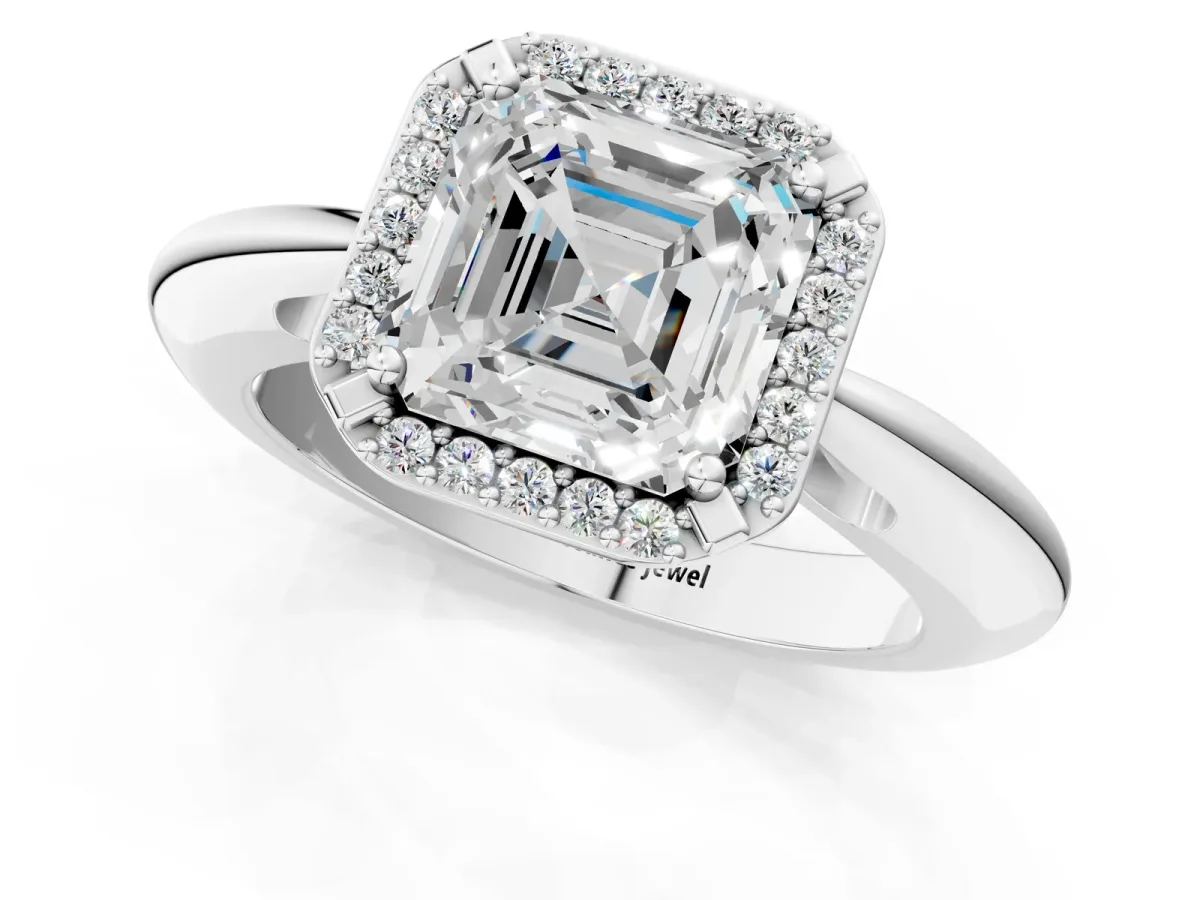 Asscher Cut Cut Diamond Halo Engagement Ring with Split Shank and Four-Prong Setting Platinum