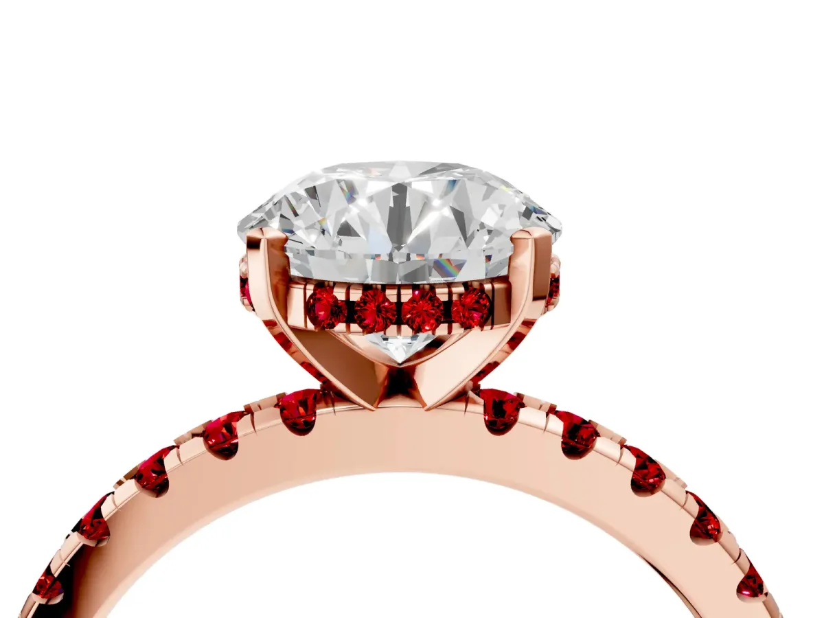 Round Cut Diamond Solitaire Ring with Round Ruby Pavé Band and Four-Prong Setting Rose gold
