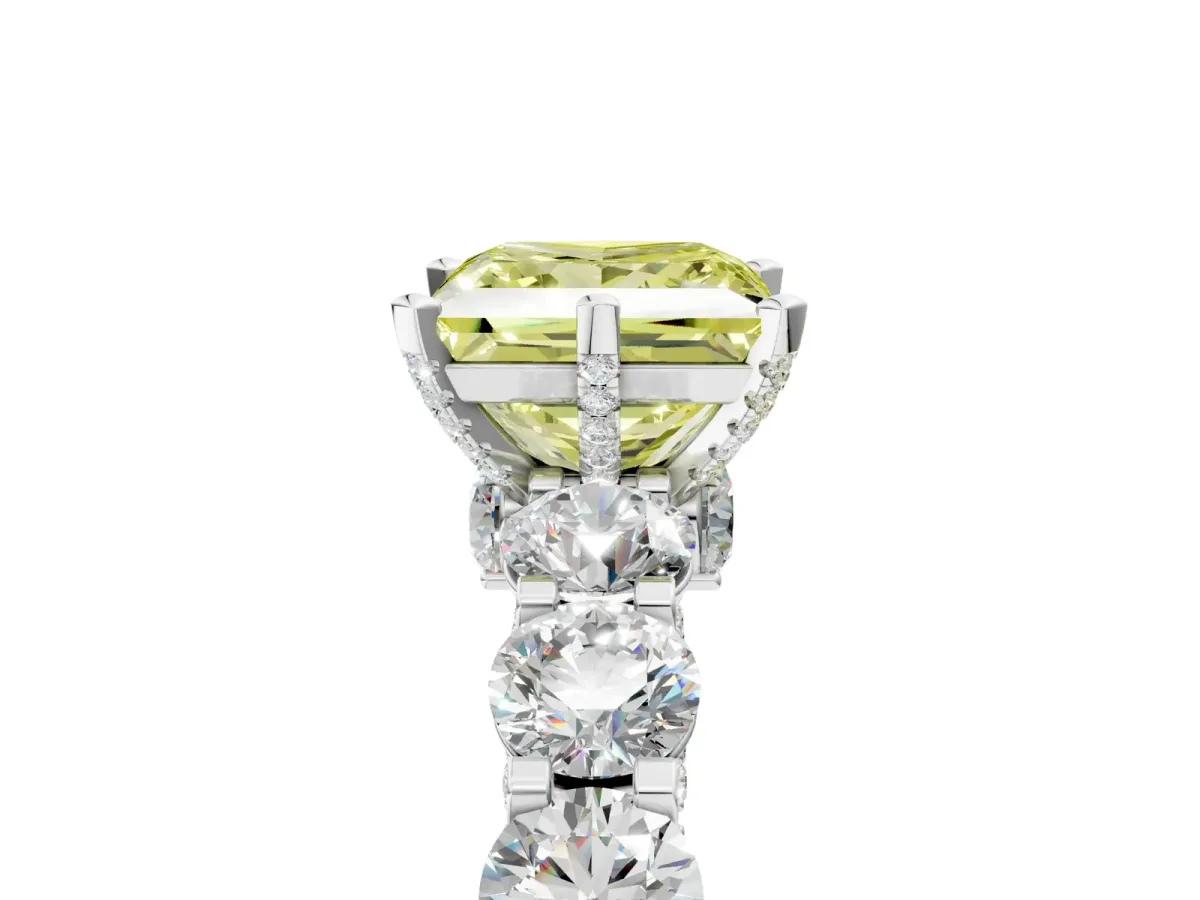 Fancy Yellow Princess Cut Diamond Side Stone Engagement Ring with Four-Prong Setting Platinum