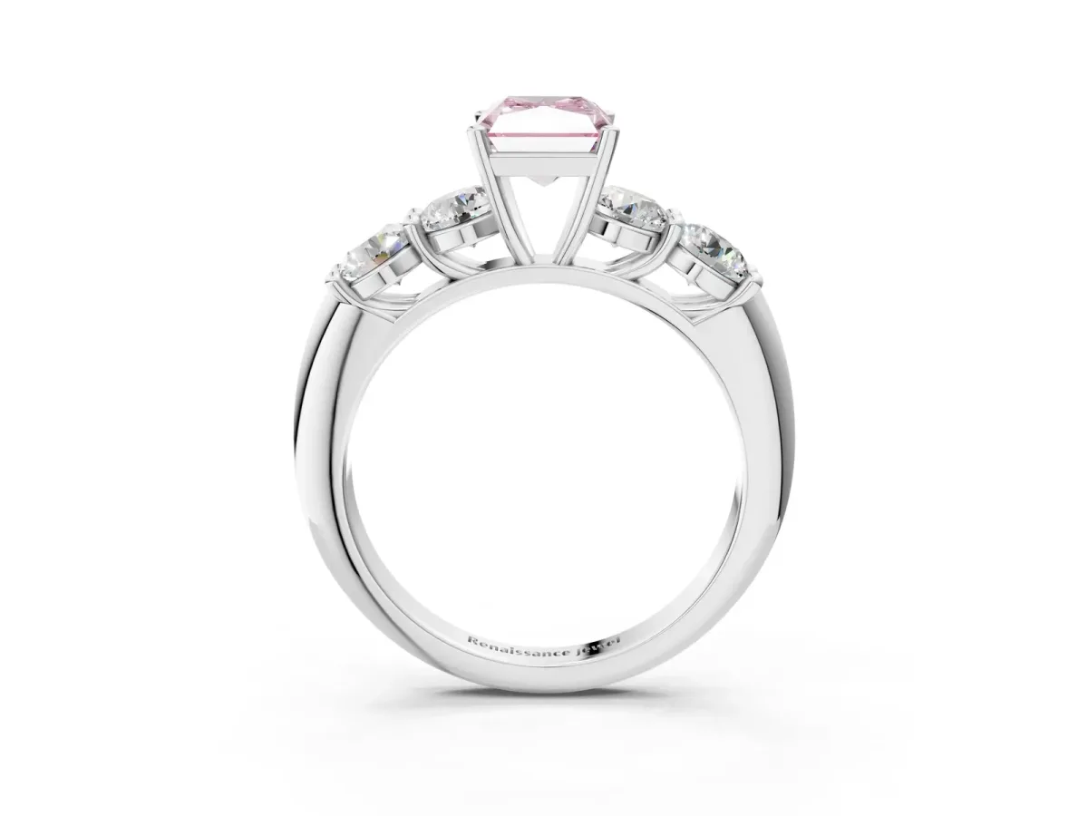 Fancy Pink Radiant Cut Cut Five-Stone Prong Set Diamond Ring with Classic Band Platinum