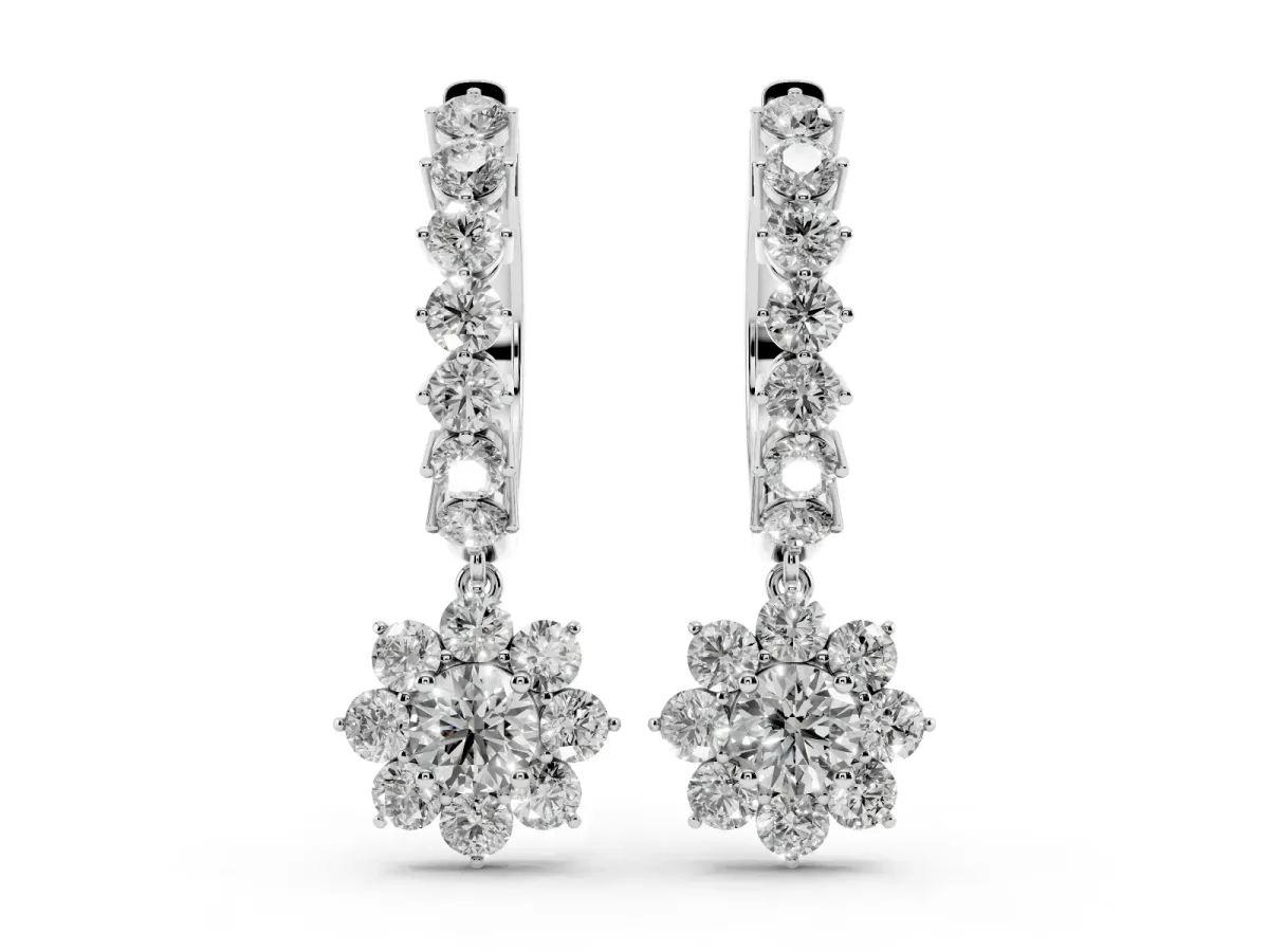 Round Diamond Petite Hoop Earrings with Sunflower Drop White gold